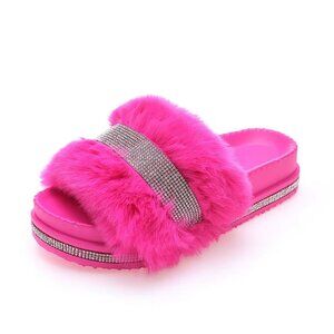 Hot Pink Faux Fur Rhinestone Embellished Platform Slides
